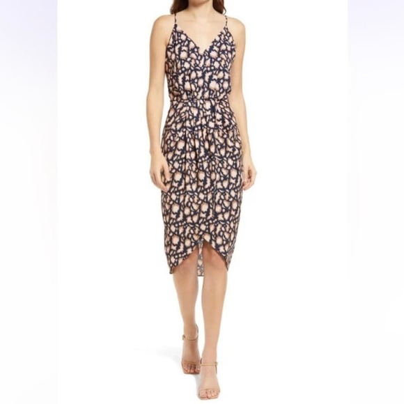 CHELSEA 28 SLEEVELESS FAUX WRAP MIDI DRESS IN NAVY LEOPARD‎ NWT WOMEN'S SIZE XXS - Picture 1 of 15